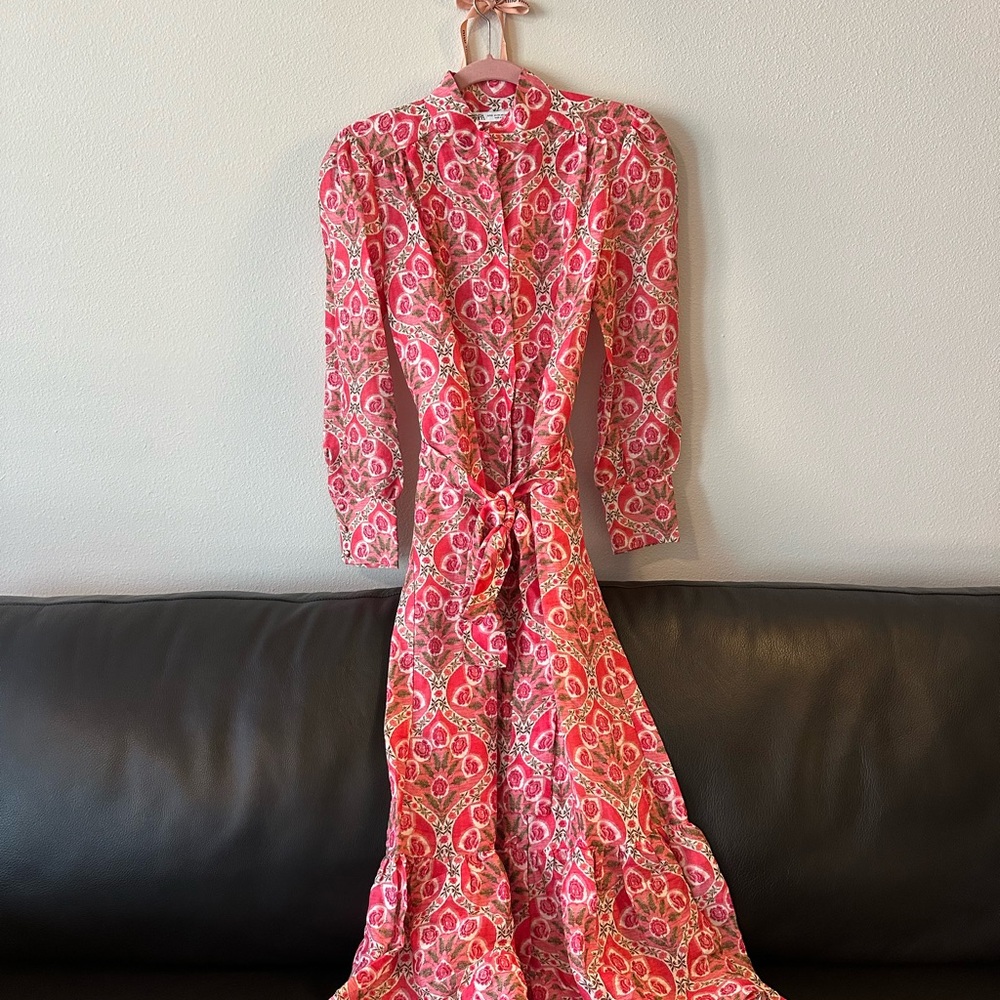 Zara Red and White Smocked Midi Dress with Bishop Sleeves